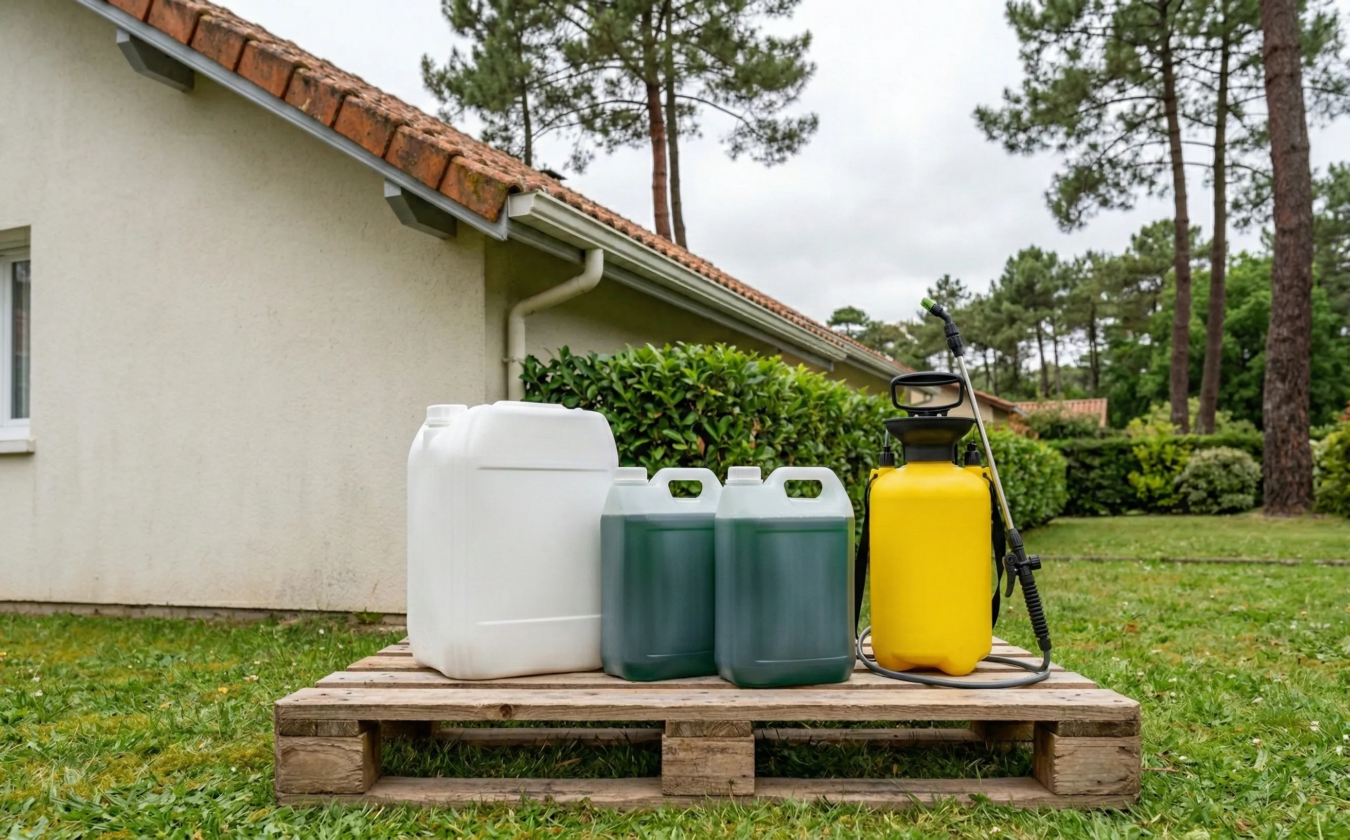 Bidons et flacons de produit anti-mousse sur palette en bois, contenants vierges sur chantier extérieur
