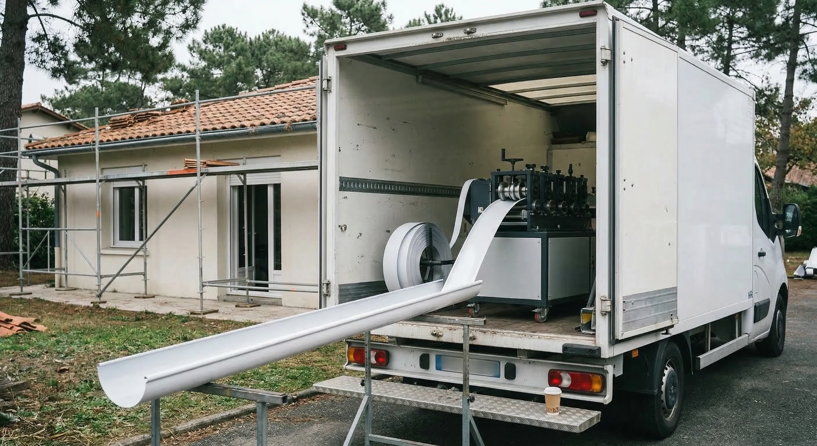 Profileuse mobile dans un camion-atelier ouvert, bande d'aluminium laqué en cours de formage, gouttière finie d'une seule pièce posée sur des tréteaux