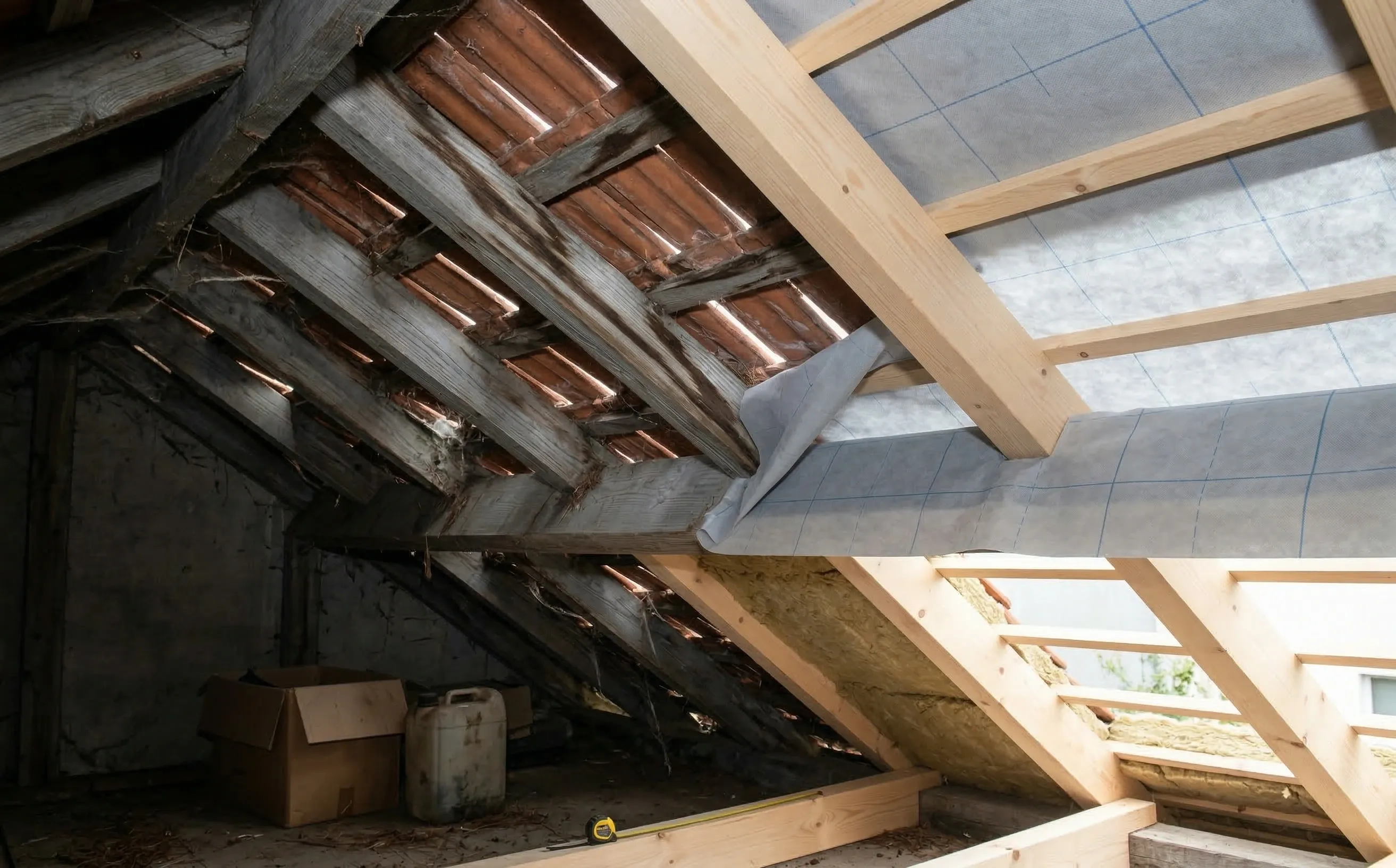 Coupe d'une toiture en rénovation montrant les couches successives : tuiles, liteaux, contre-lattes, écran de sous-toiture, chevrons et isolant