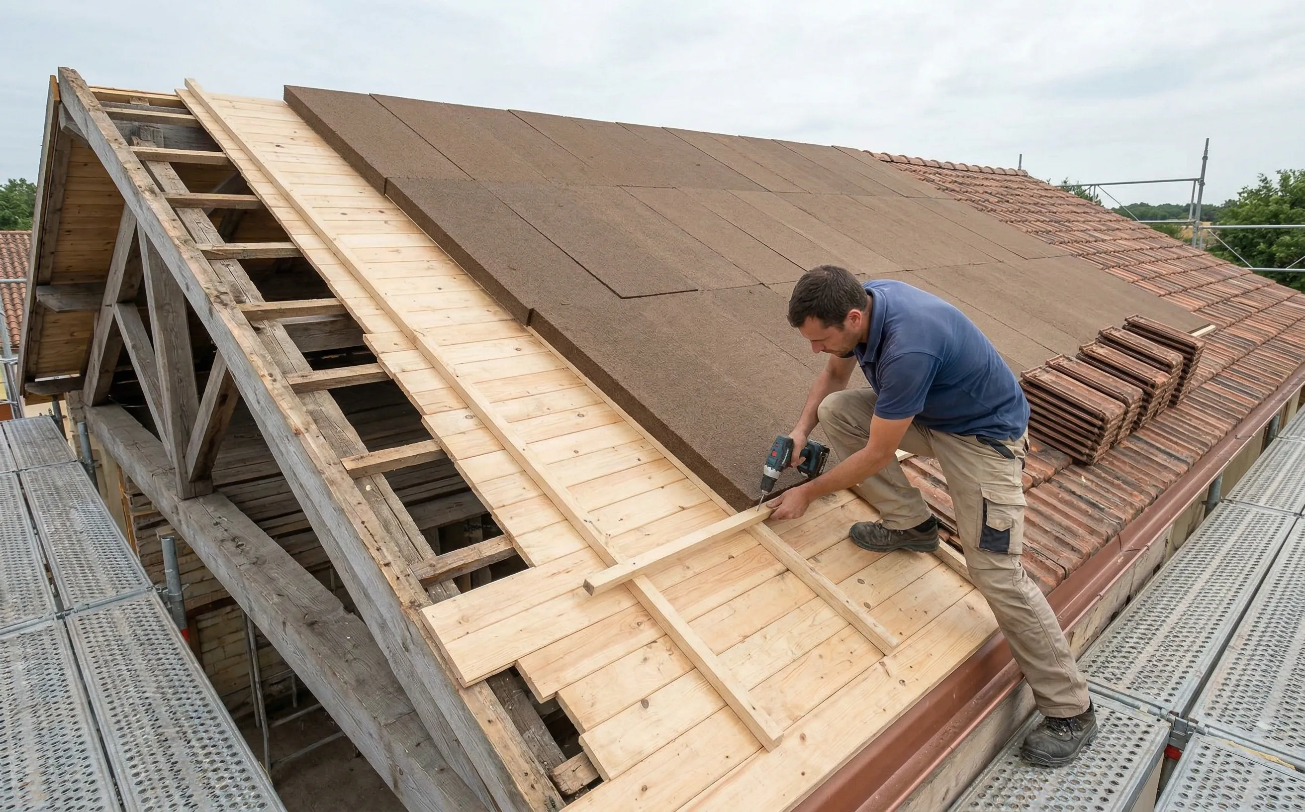 Toit en cours de sarking avec panneaux de fibre de bois posés sur les chevrons et couvreur fixant le contre-lattage