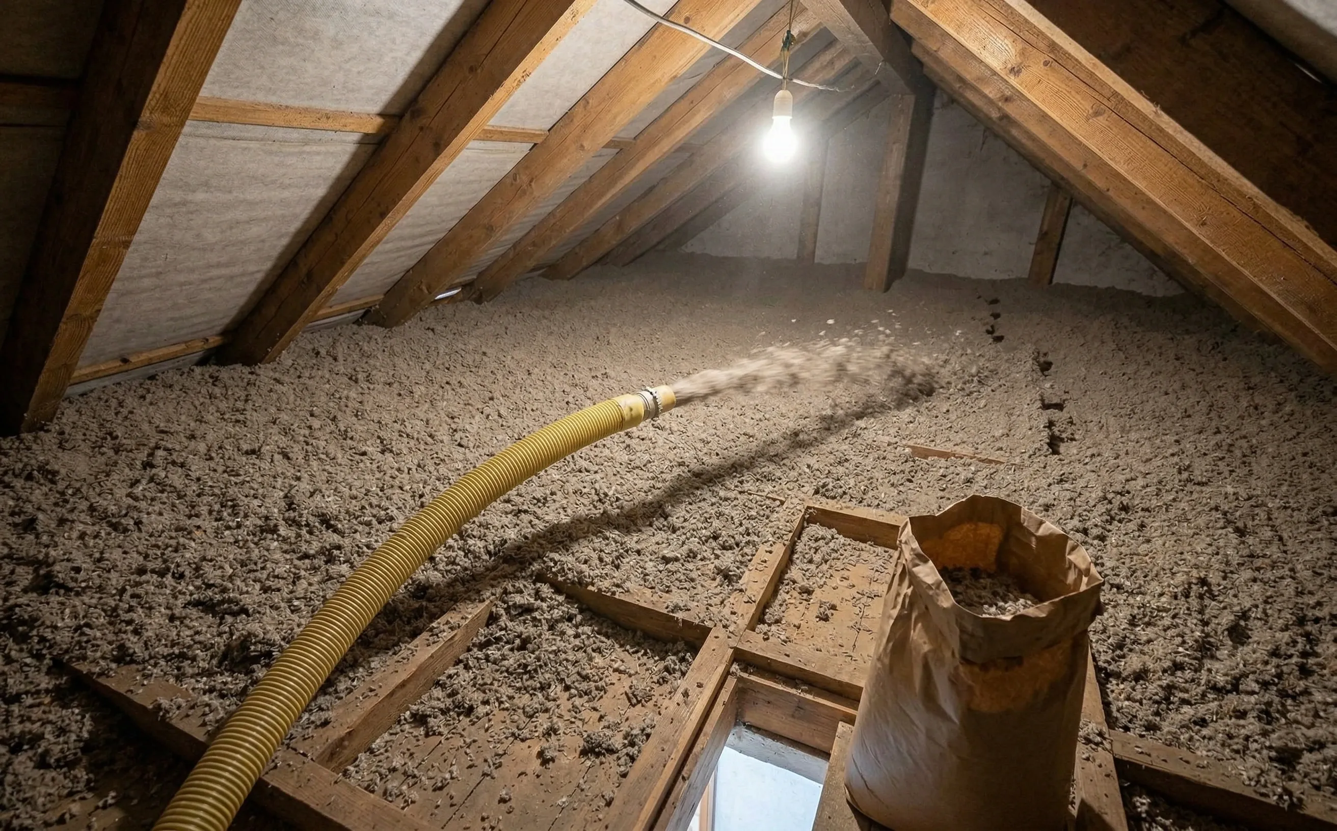 Soufflage de ouate de cellulose dans des combles perdus avec tuyau flexible projetant les flocons sur le plancher