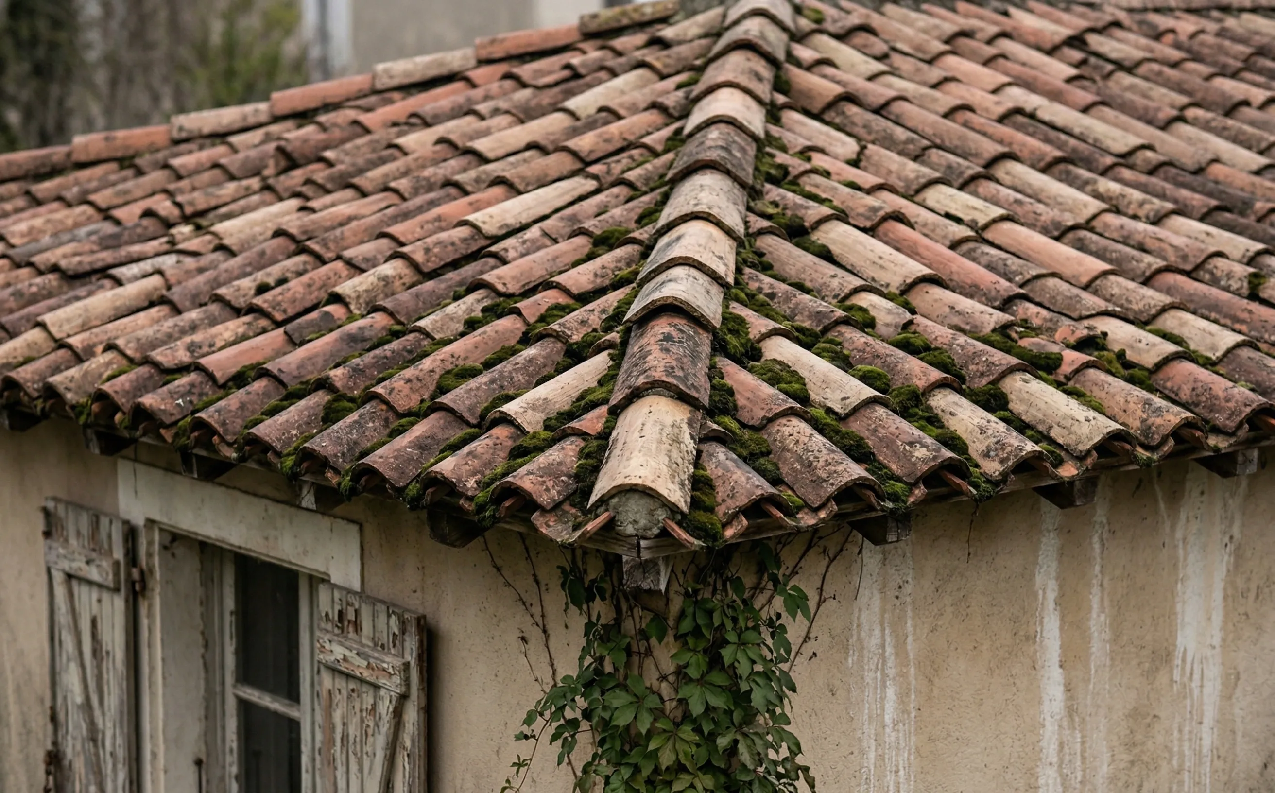 Toiture ancienne en tuiles canal aux couleurs irrégulières avec mousse dense dans les joints et faîtage décalé