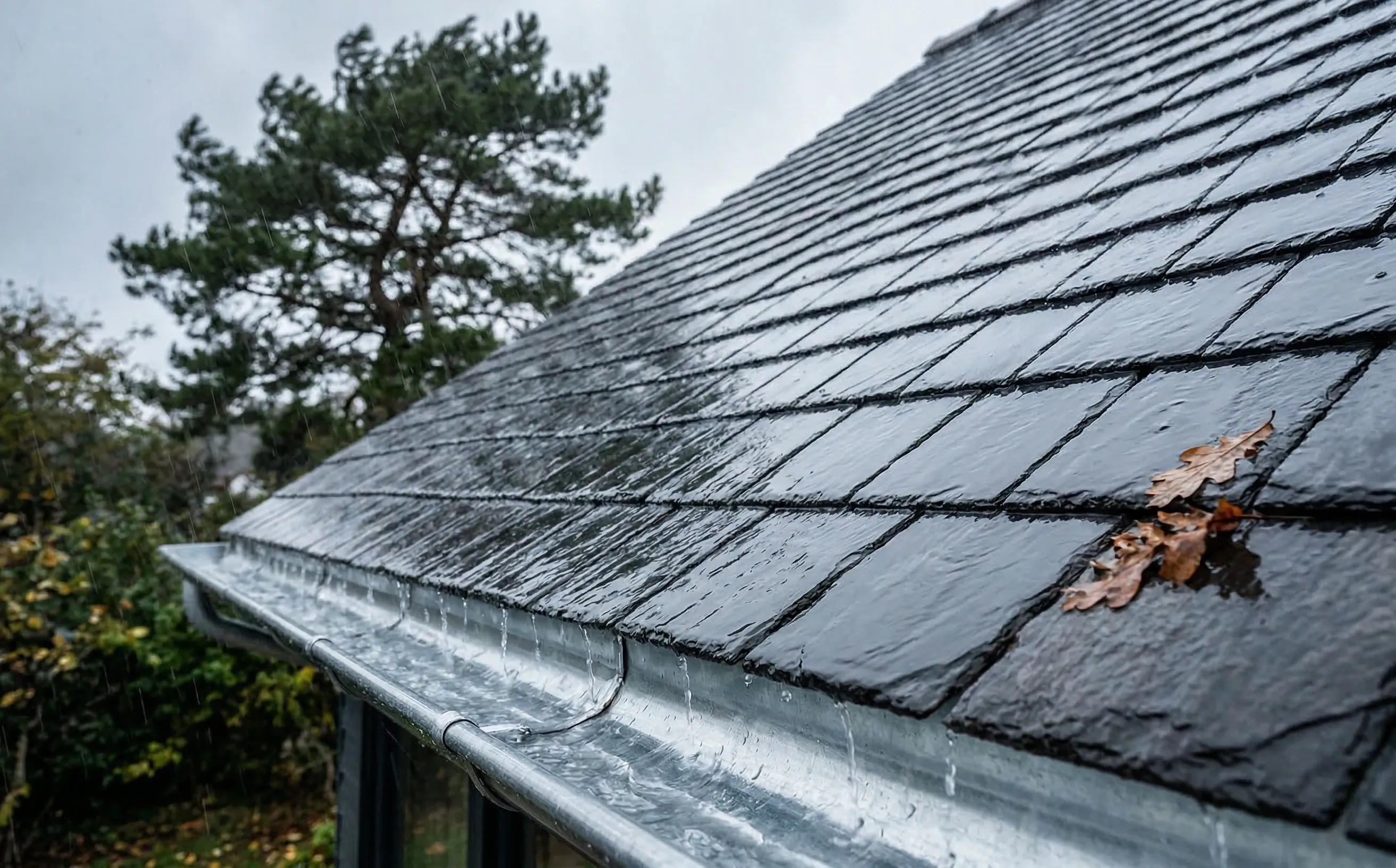 Toiture en ardoise sous une pluie battante, reflets argentés sur les plaques mouillées et gouttière zinc