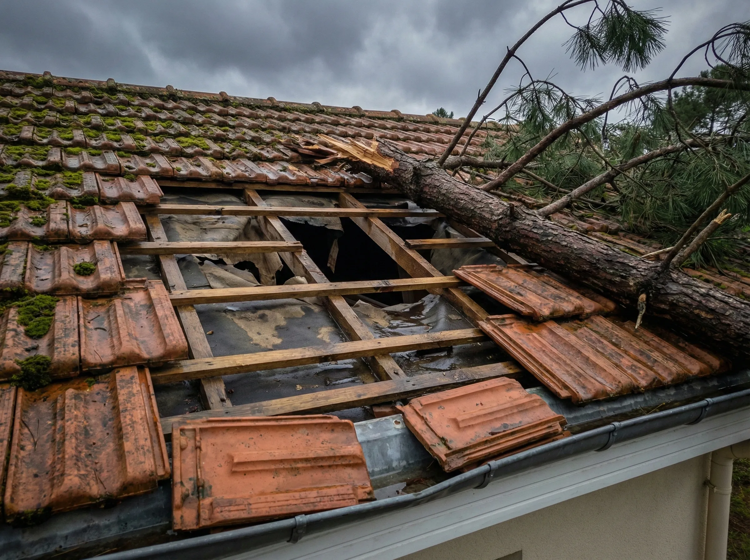 Toiture avec tuiles arrachées par la tempête sur un pavillon à Pessac