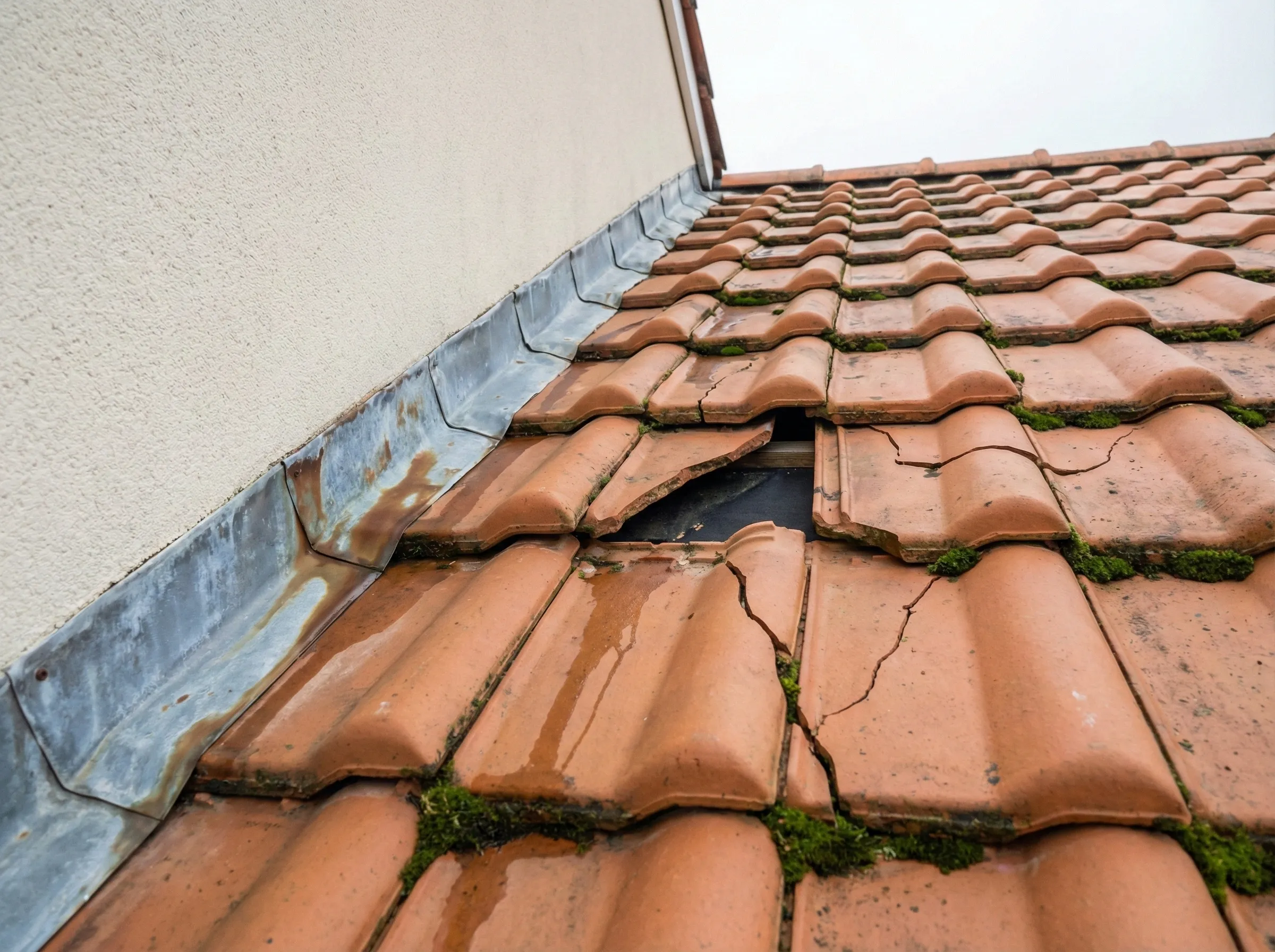 Toiture endommagée avec tuiles cassées et traces d'infiltration à Pessac