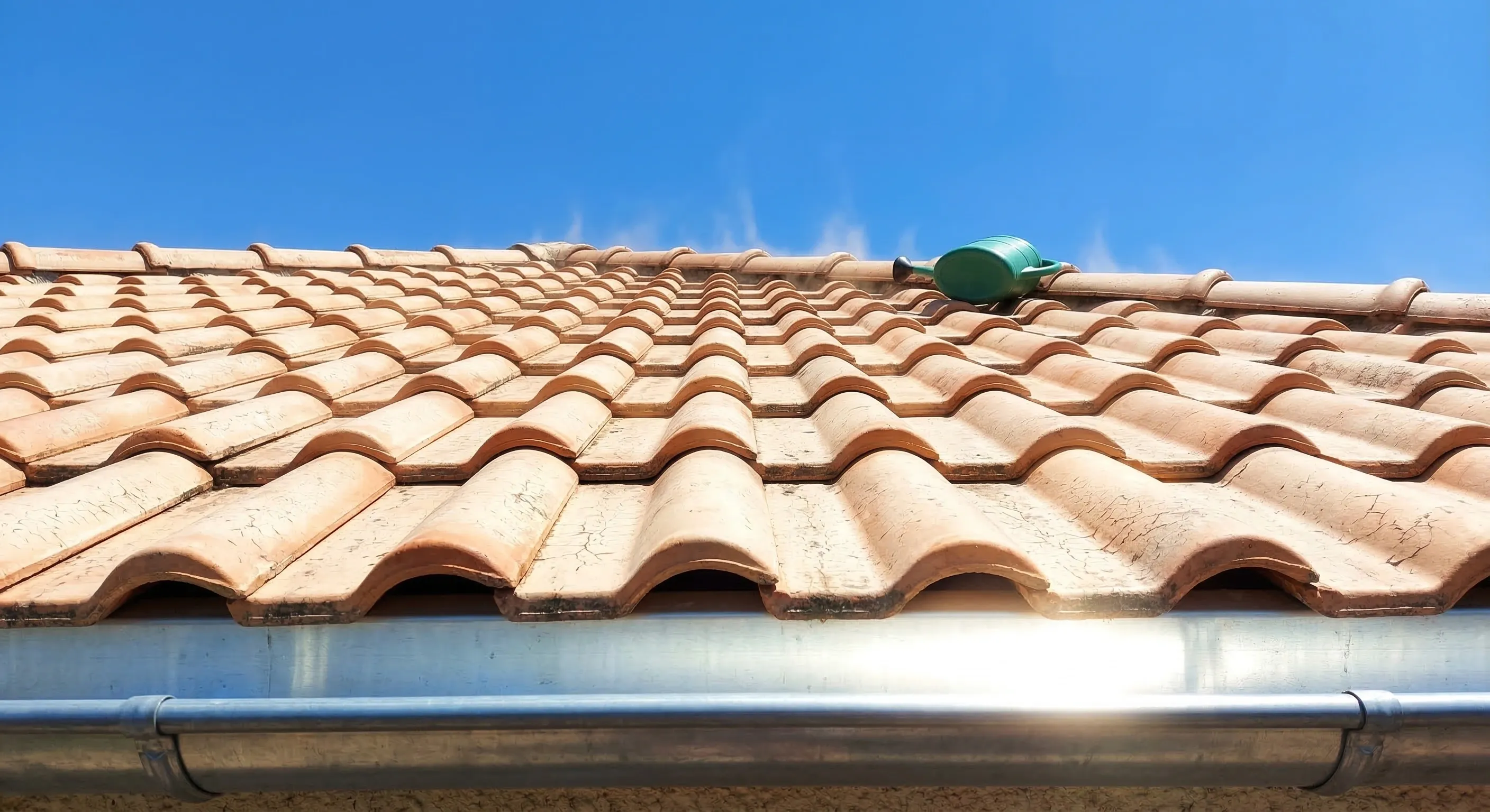 Toiture en plein été avec tuiles sèches et brûlantes sous un ciel bleu intense, reflets de chaleur sur la surface