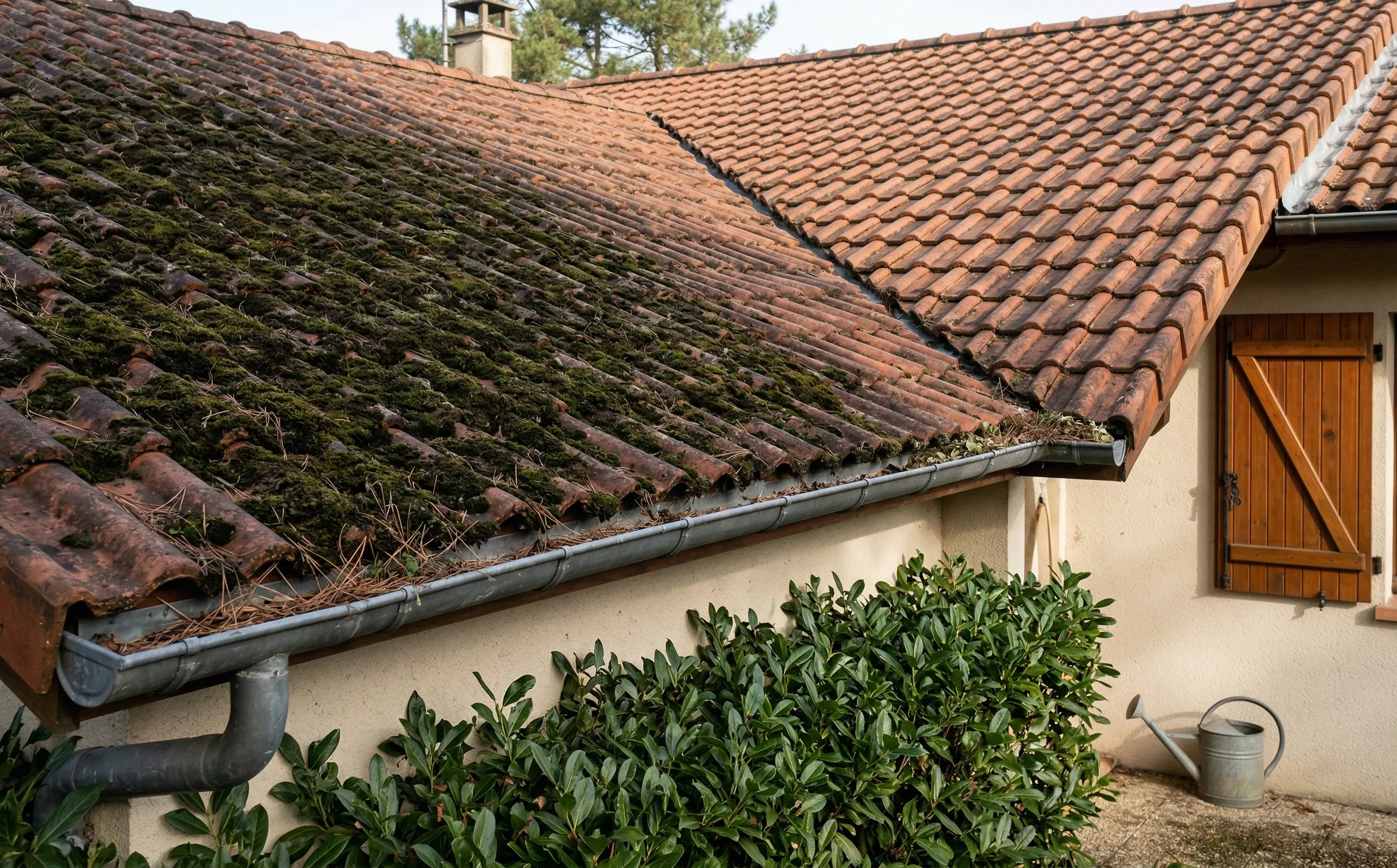 Toiture de pavillon couverte de mousse épaisse avec tuiles mécaniques terre cuite en Gironde