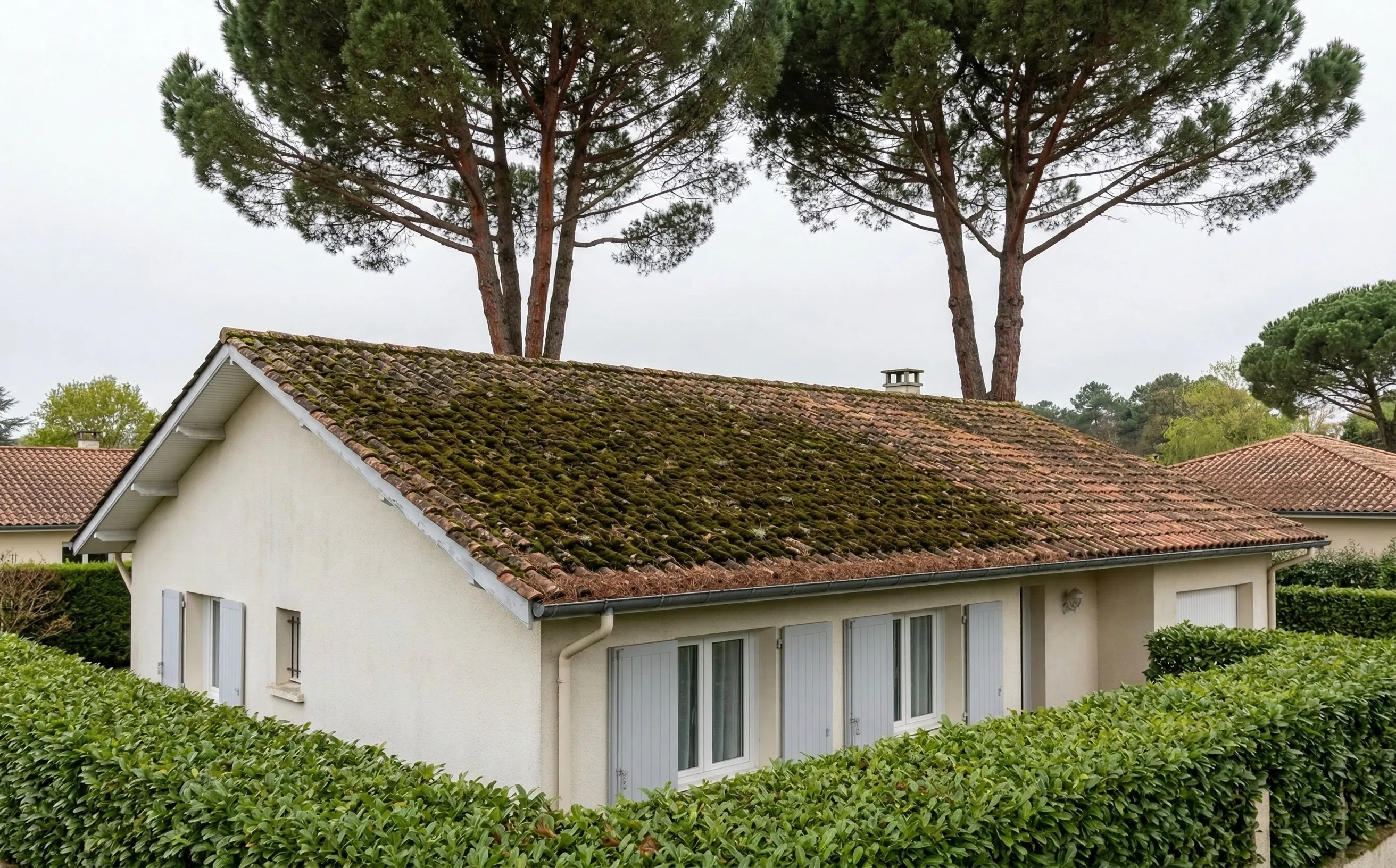 Toiture en tuile mécanique couverte de mousse sur le versant nord, deux pins maritimes en arrière-plan, pavillon des années 70 en Gironde
