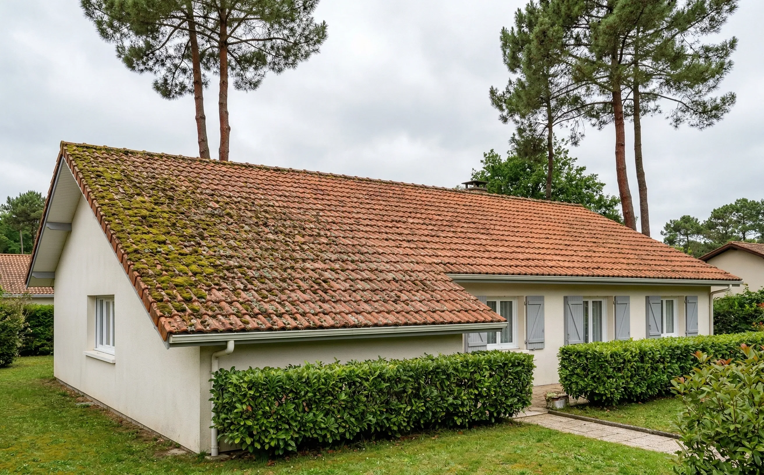 Toiture résidentielle couverte de mousse et lichens, pins maritimes en arrière-plan