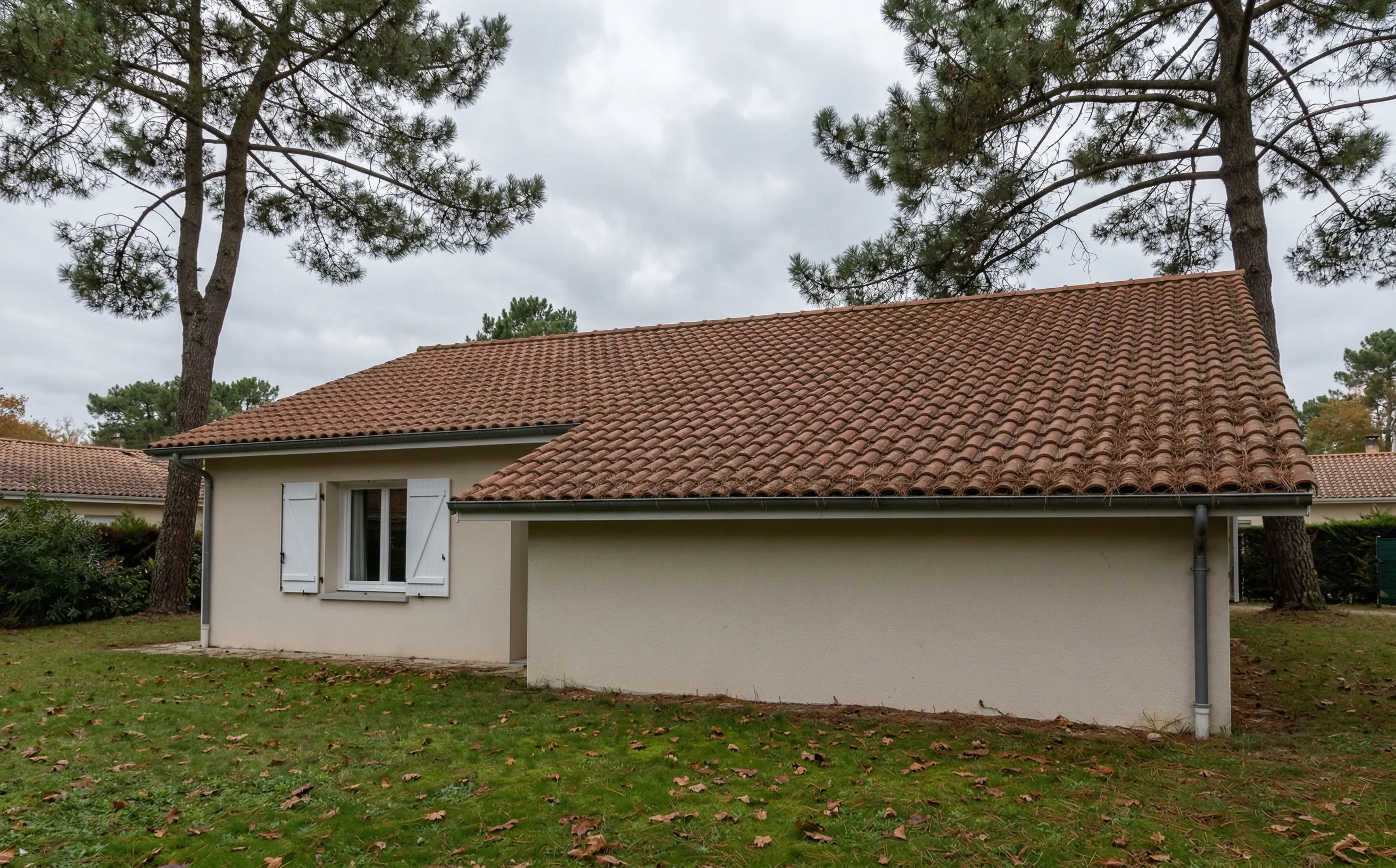 Toiture en tuile mécanique d'un pavillon des années 70-80 à Pessac, deux pins maritimes encadrent la maison, ciel gris automnal couvert