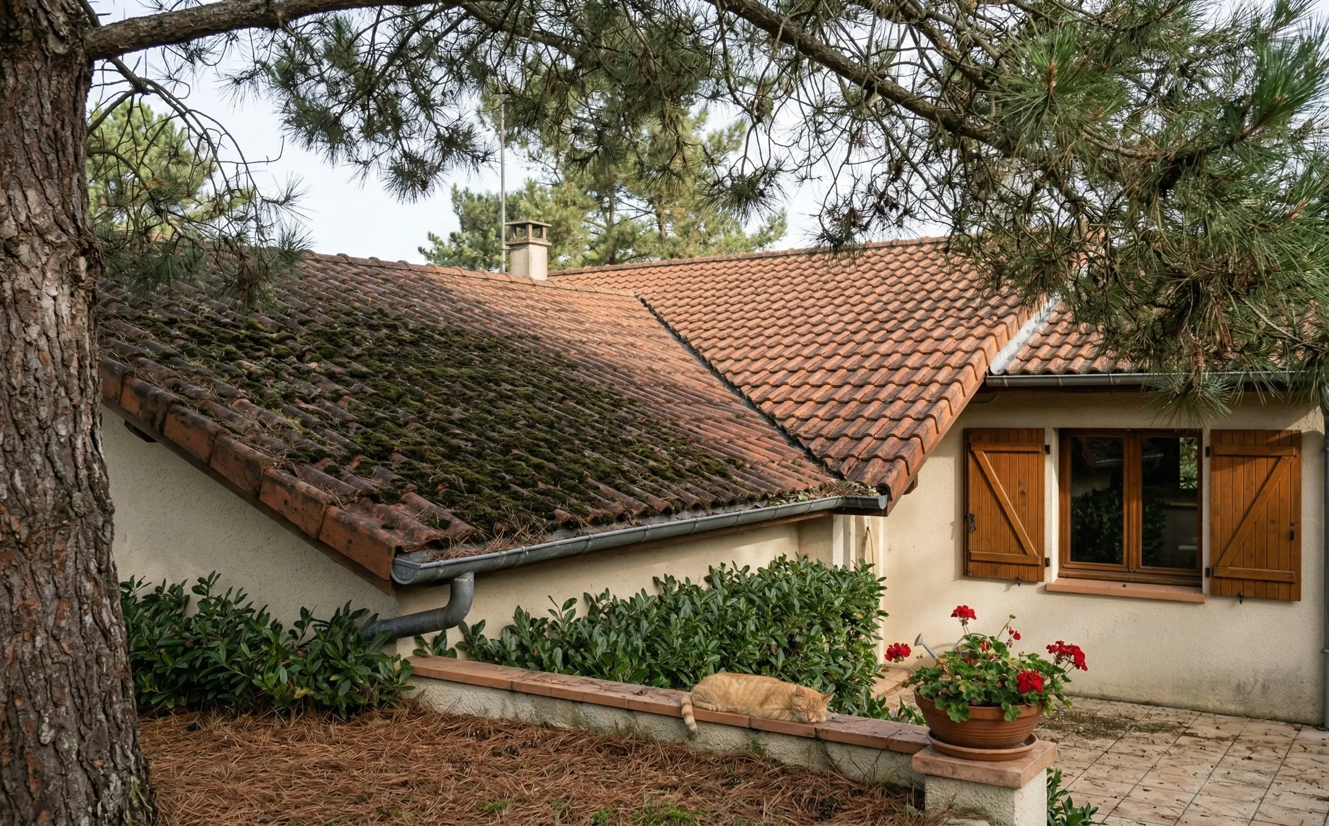 Toiture de pavillon girondin entourée de grands pins maritimes avec mousse épaisse sur le versant nord et gouttière zinc