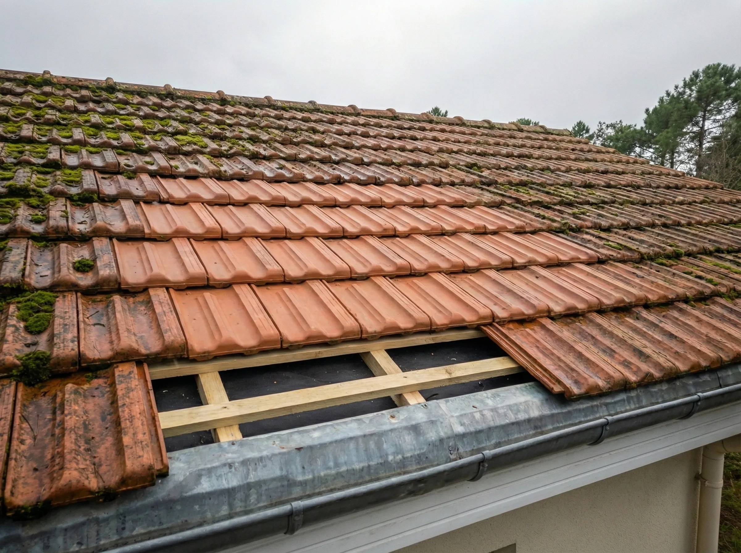 Toiture réparée après dépannage d'urgence avec tuiles neuves à Pessac