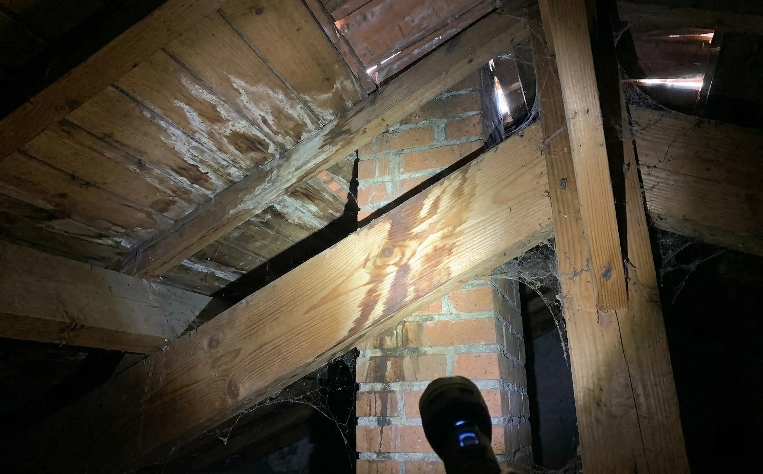 Traces d'humidité brunâtres sur un chevron en pin dans les combles à proximité d'une cheminée