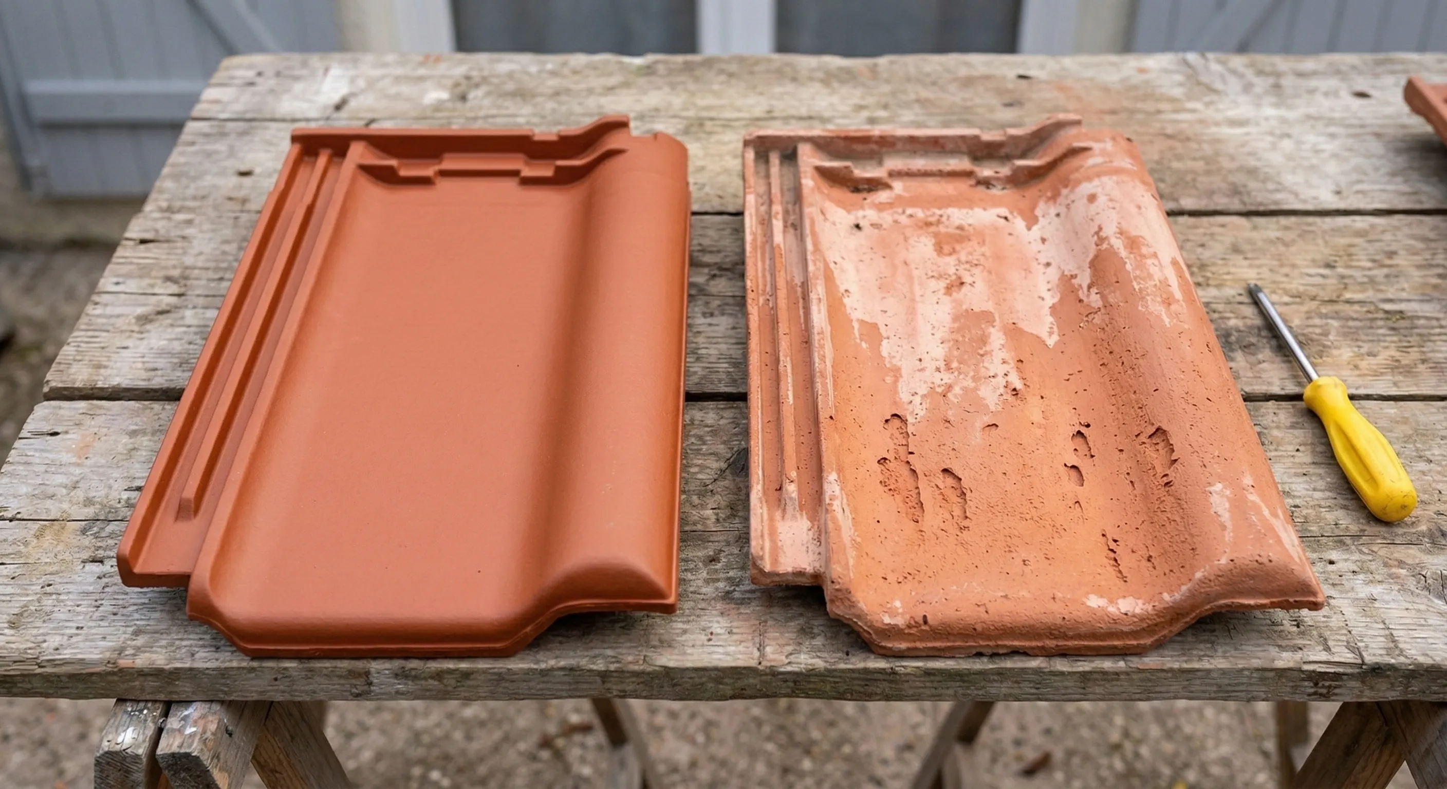 Deux tuiles mécaniques côte à côte, une intacte avec émail lisse et une creusée par la haute pression avec surface blanchie et rugueuse