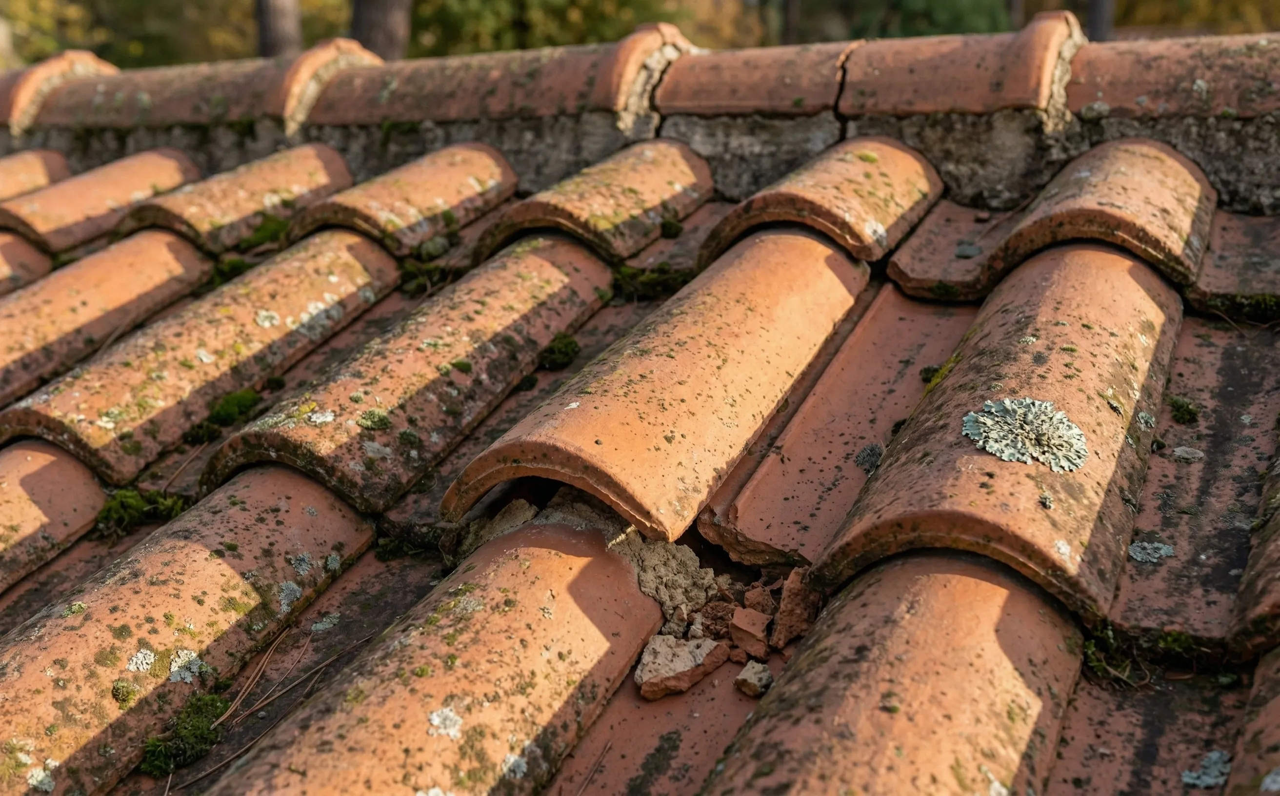 Gros plan sur deux rangées de tuiles canal terre cuite, une tuile de couvert décalée, mortier de calage effrité, lumière rasante