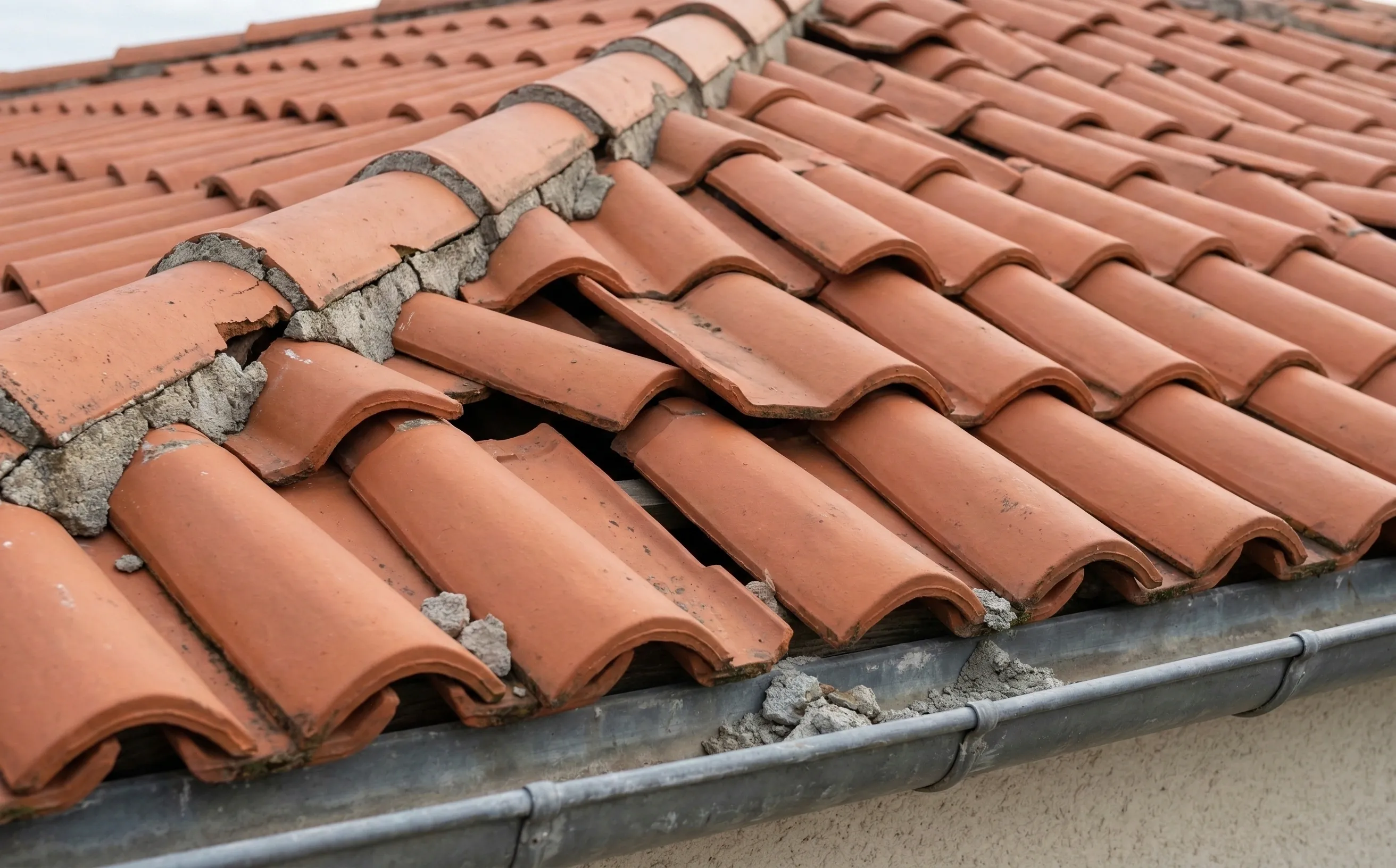 Tuiles canal déplacées sur un versant de toiture, joints de faîtage fissurés et partiellement manquants après un nettoyage haute pression