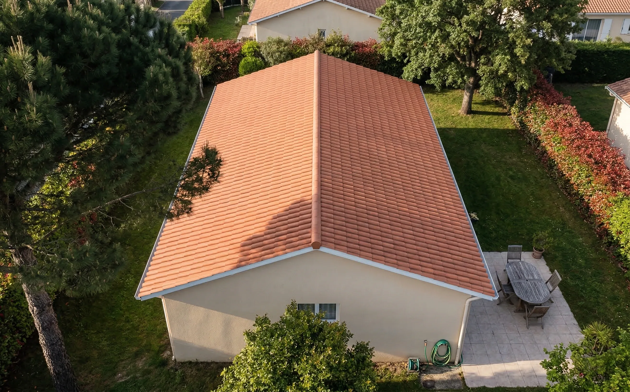 Vue aérienne d'un pavillon girondin avec toit à deux pans en tuiles mécaniques et jardin arboré