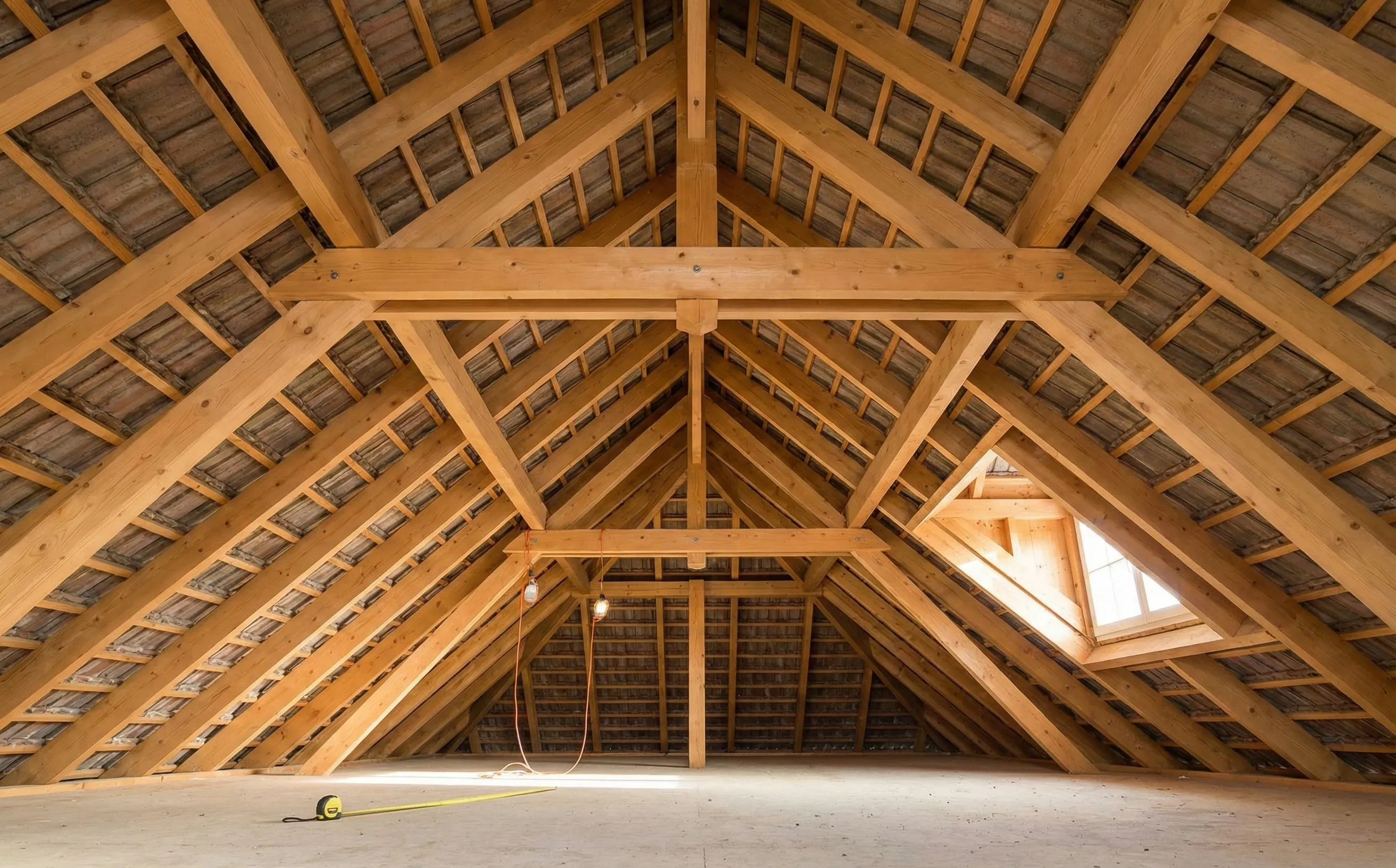 Vue d'ensemble d'une charpente depuis les combles avec fermes, pannes, chevrons et liteaux visibles